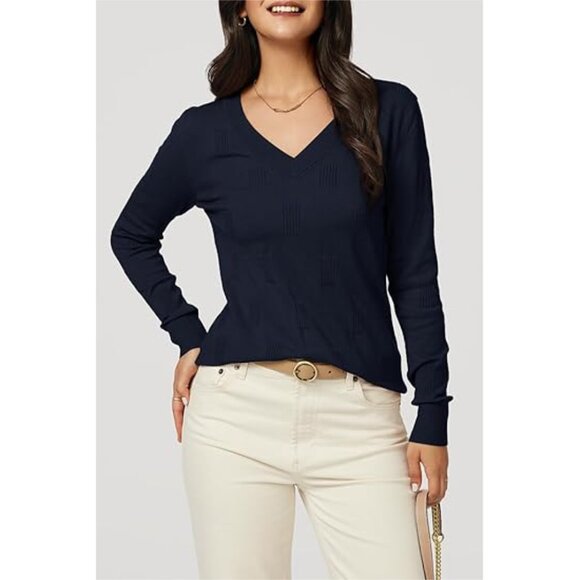New Arach&Cloz Women V-Neck Long Sleeve Shirts Blouse Knit Pullover Sweater L - Picture 1 of 2